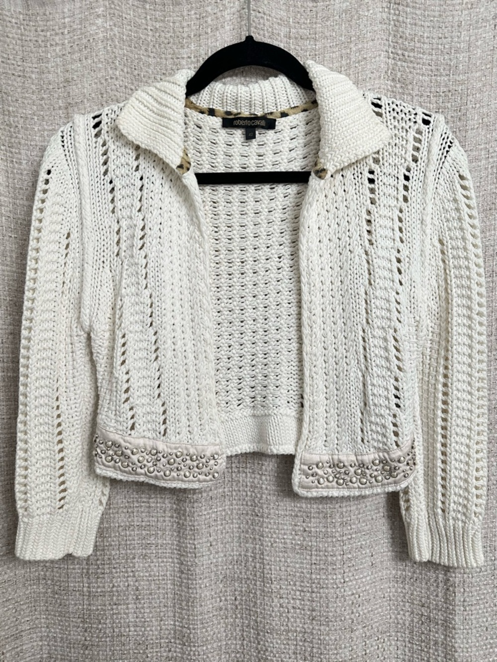 Roberto Cavalli Vintage Y2K Pearl Studded Cotton Open Knit Sweater Cardigan 42